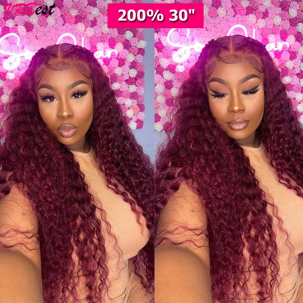 Burgundy colored Glueless HD Lace Frontal Curly HUMAN HAIR Wig