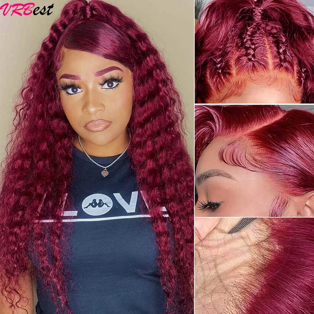 Burgundy colored Glueless HD Lace Frontal Curly HUMAN HAIR Wig